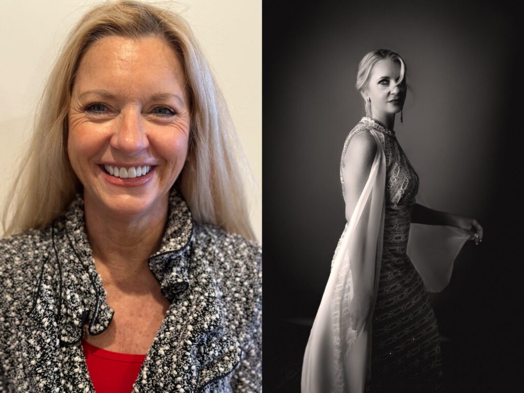 before and after gorgeous 60 year old woman with blond hair wearing a long vintage dress black and white magazine style glamour photo