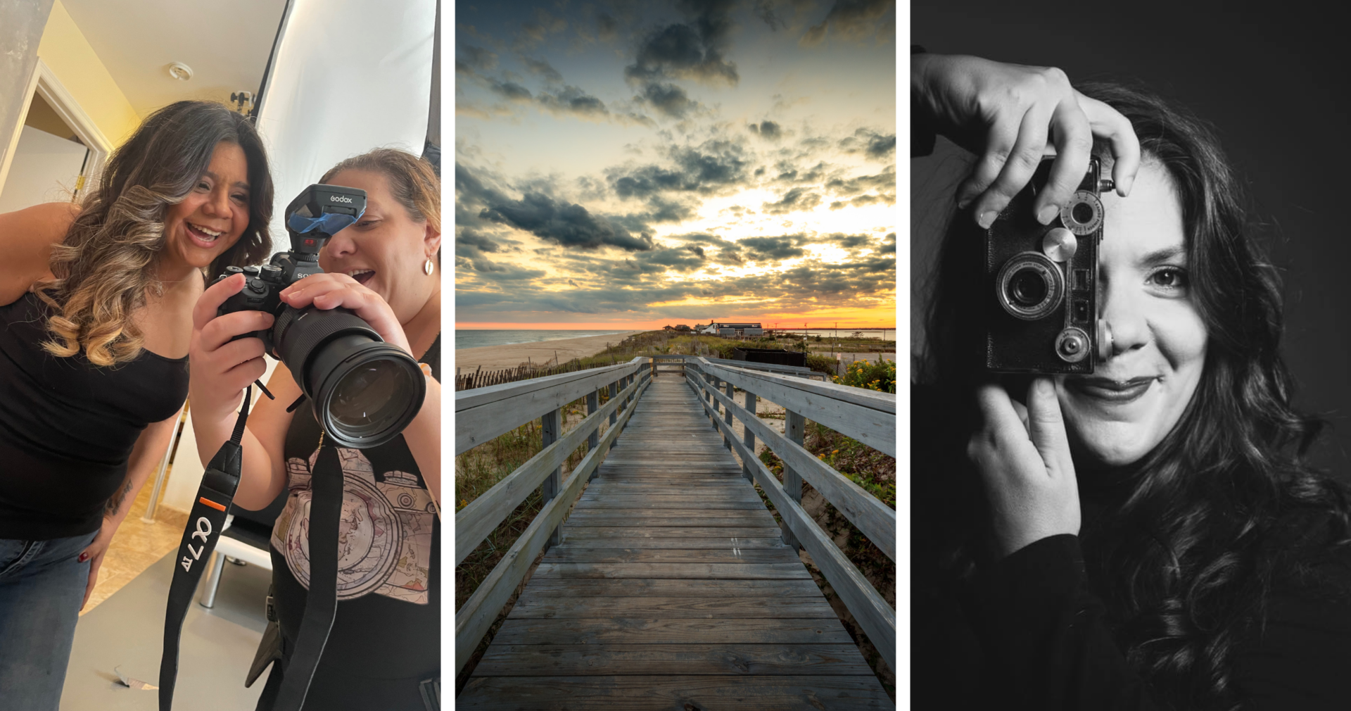 Collage of Farmingdale portrait photographer behind the scenes with a client, a Long Island beach boardwalk at sunset, and a black-and-white self-portrait with a vintage camera