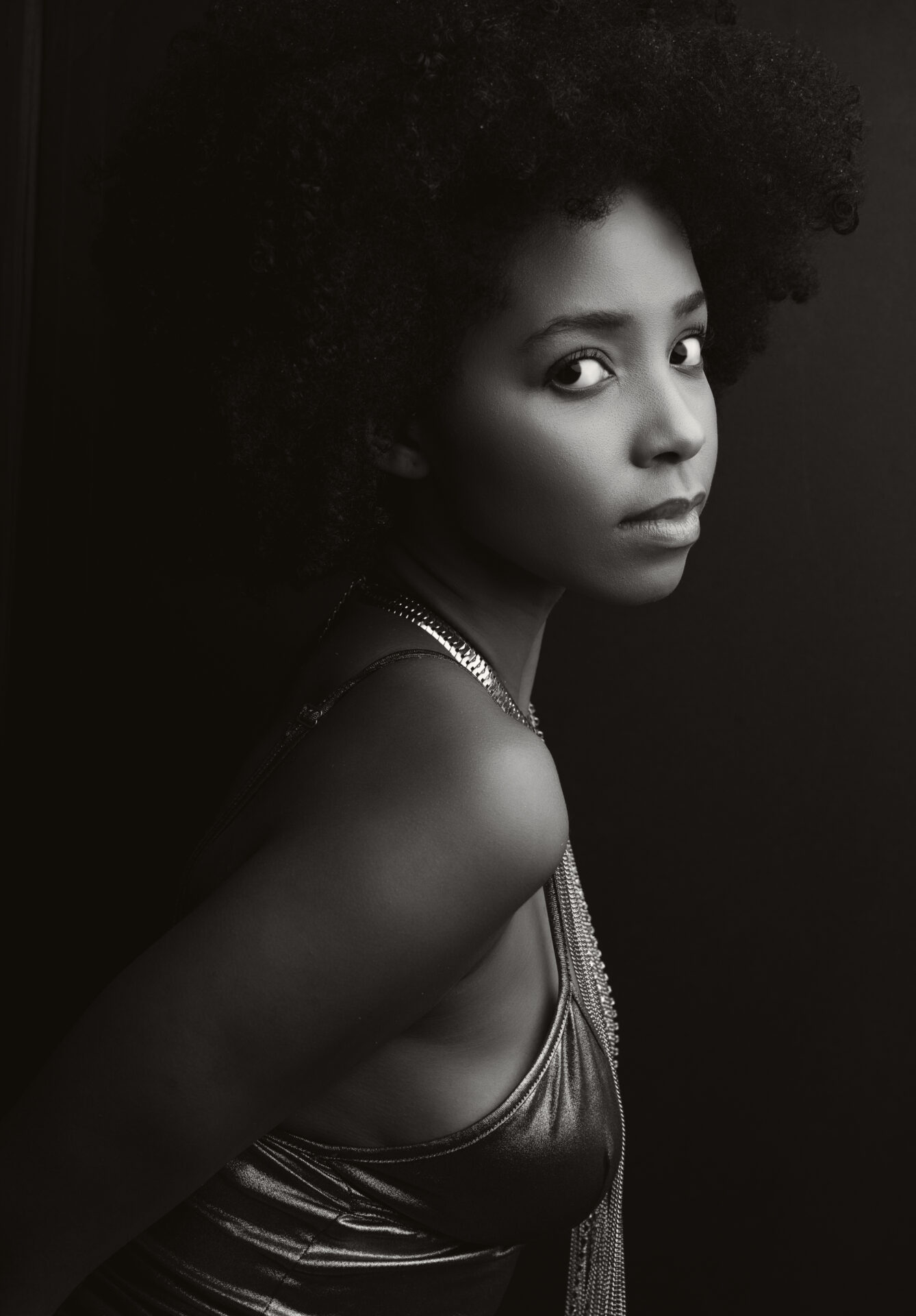 Black and white profile portrait for glamour photoshoot at The BeVard Studio in Farmingdale NY