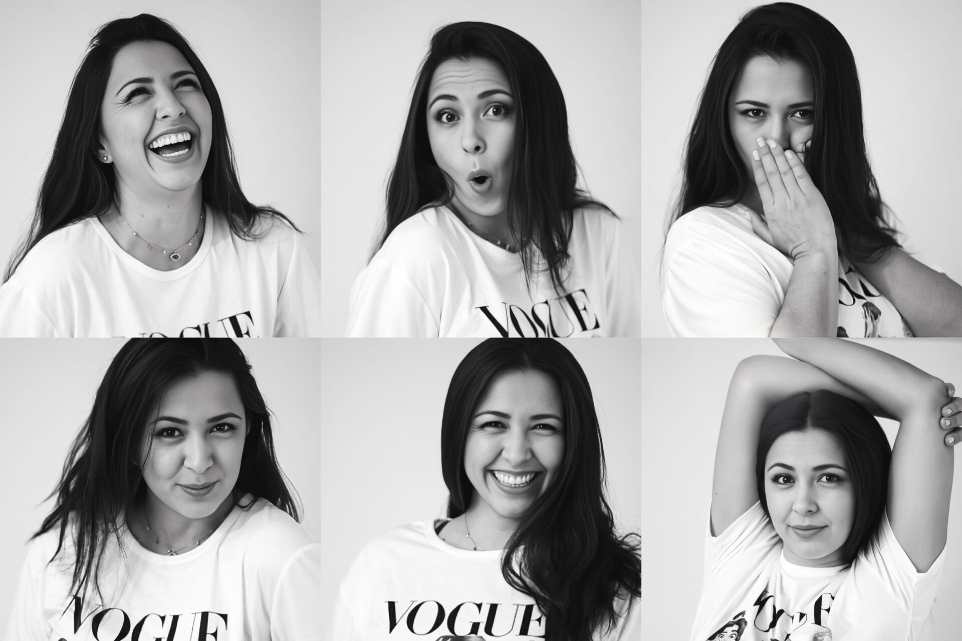 Black and white personal branding portraits of a woman showing a range of facial expressions, photographed at The BeVard Studio in Farmingdale, NY.