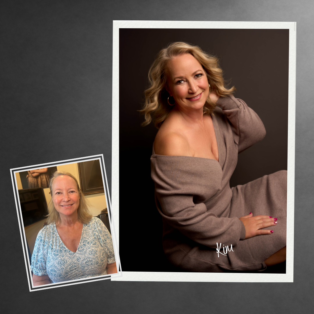 before and after transformation of an older women in her 60's posing at a farmingdale new york photo studio